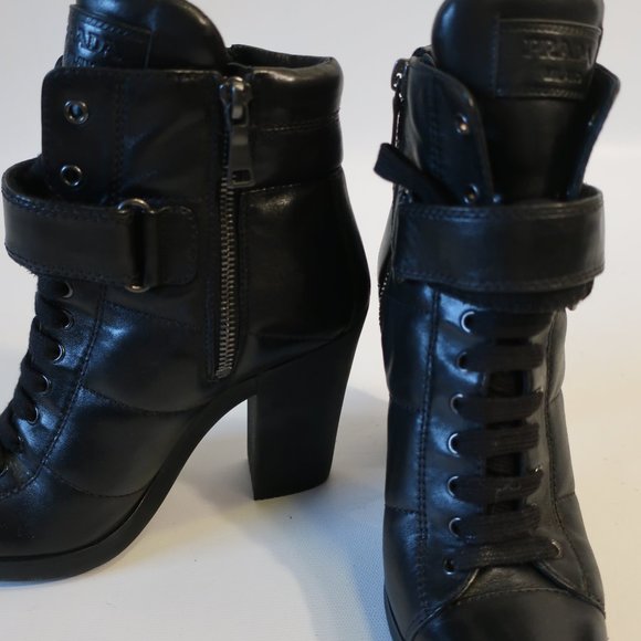 Womens Prada Black Leather Lace-Up Block Heeled Combat Booties 38.5 US/8.5 * - Picture 7 of 16